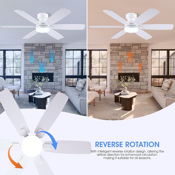 Kviflon 52" Ceiling Fans with Lights, Low Profile Ceiling Fan with Light and Remote/APP Control, Flush Mount Ceiling Fan with 6 Reversible Fan Blades, 3CCT, Dimmable, Quiet Motor for Kidsroom White