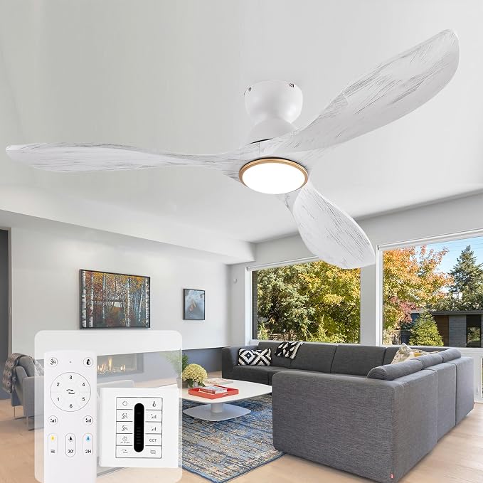 52 Inch Flush Mount Ceiling Fans with Lights and Remote,White and Gold Low Profile Ceiling Fan with Light,Dimmable,Quiet Noiseless DC Motor for Patios,Living Room,Bedroom(Wall Control Switch)