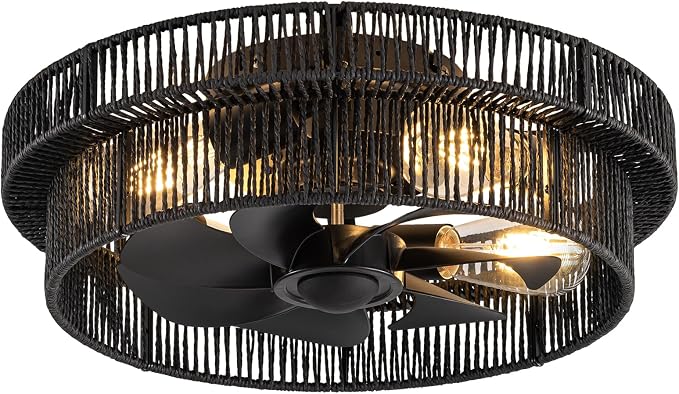 Handwoven Boho Ceiling Fans with Lights Flush Mount,Rattan Farmhouse Caged Fandelier Low Profile Enclosed Chandelier Fan with 6 Speeds for Bedroom,Nursery,Dining Room(Black)