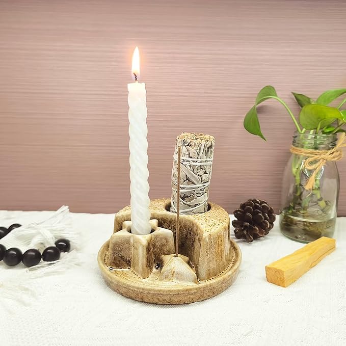 Palo Santo Stick Holder,Ceramic Sage Holder for Burning,4 in 1 Incense and Candle Holder,Ash Catcher Tray for Meditation Yoga Room Speckled White