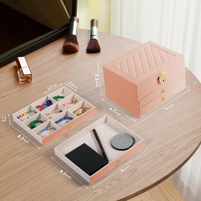 coobest 3 Layer Jewelry Box, Jewelry Holder with Lockable Drawer, Large Jewelry Boxes & Organizer with Velvet Earring Holder, Gifts for Mom Women
