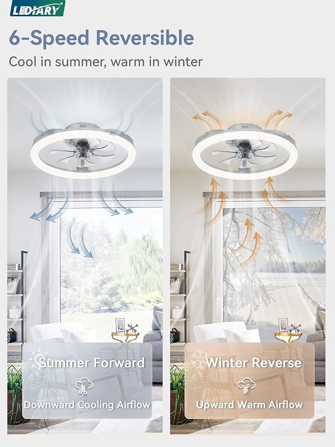 LEDIARY 20 Inch Low Profile Ceiling Fans with Lights and Remote, Dimmable Modern Fan Light(3000K-6000K), 6 Speed, Reversible, APP & Remote Control, Flush Mount Ceiling Fan for Bedroom, Grey