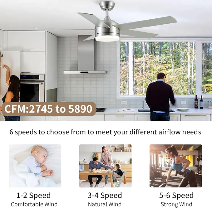 YUHAO 52 Inch Brushed Nickel Ceiling Fan with Light and Remote Control.Noiseless,Dimmable,3CCT,6 Speeds Reversible, DC Ceiling Fans for Indoor or Covered Outdoor Use.ETL Listed