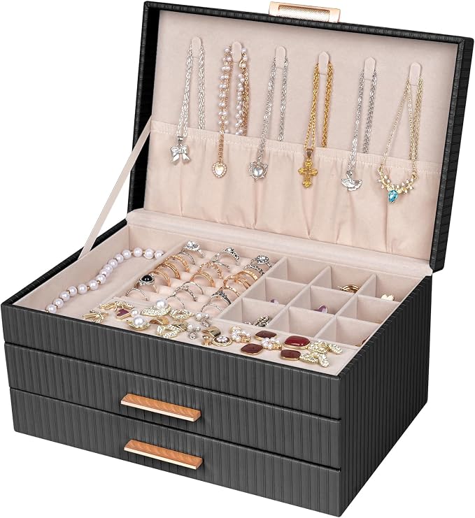 Dajasan Jewelry Box Organizer, 3-Tier Jewelry Storage with 2 Drawers, Large Jewelry Boxes for Women, PU Leather Surface with Texture, Gift Idea, Modern Style, 10.71 x 7 x 5.6 Inches (Black)
