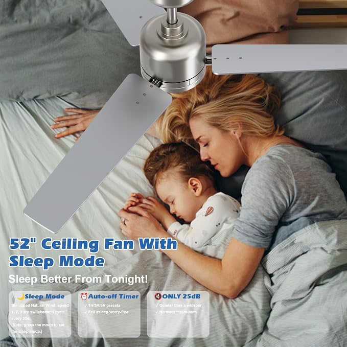 52 inch Ceiling Fans with Lights and Remote, Brushed Nickel Ceiling Fan, 6 Speed Reversible, 3CCT, Dimmable, Noiseless, 3 Blades, Quiet DC Motor, Silver Ceiling Fan for Bedroom, Indoor and Outdoor