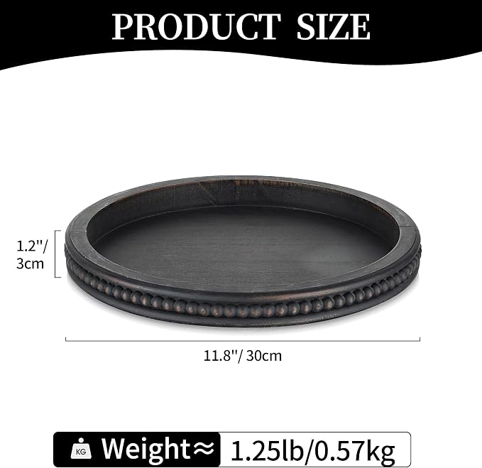 Hanobe Round Decorative Tray with Beaded Edge, Distressed Dark Brown Finish | 11.8" vintage wooden tray for coffee table, ottoman, or counter display, holds candles.