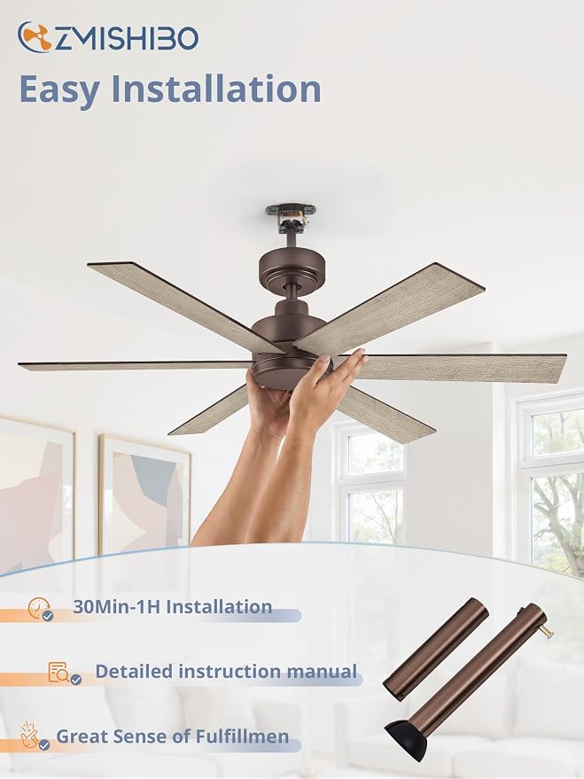 ZMISHIBO 48 Inch Ceiling Fans Without Lights, Farmhouse Ceiling Fan, 6 Blades, Quiet Reversible DC Motor, 6-Speeds, Brown Ceiling Fan With Remote for Living Room, Bedroom, Garage, Indoor/Outdoor Use