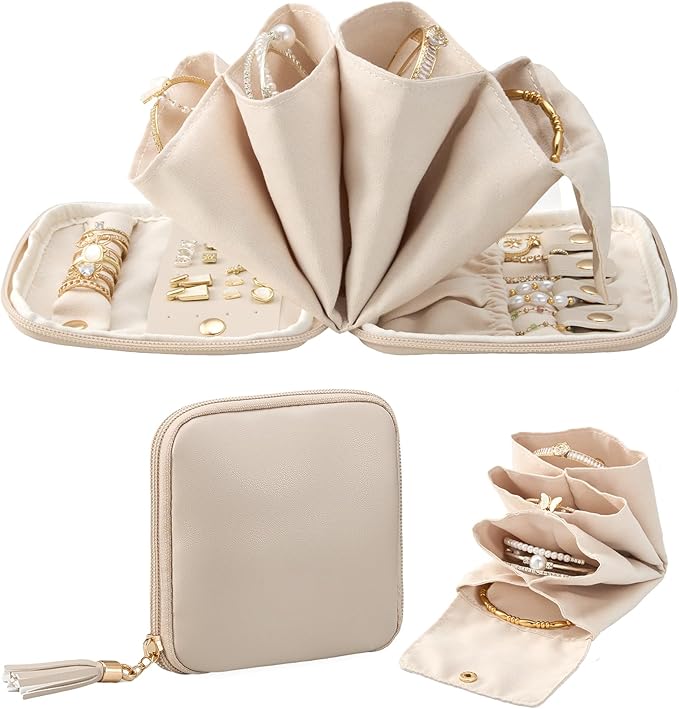 Lolalet Travel Jewelry Case Organizer, Small Soft Jewellery Pouch -Oatmeal | Storage Bag for Traveling Women, with Multi Compartments for Packing Necklaces, Earrings, Bracelets