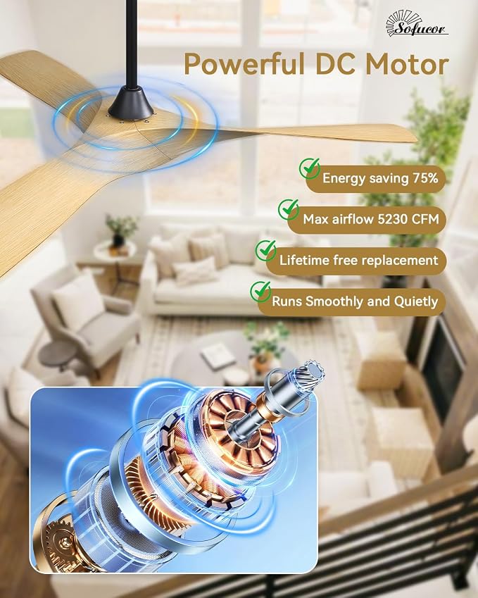 Sofucor 52 Inch Ceiling Fans No Lights, Modern Ceiling Fan with 3 Plastic Blades, 4500CFM 6-Speed 3-Timer Reversible DC Motor, for Bedroom Living Room Patios Office, ETL/FCC
