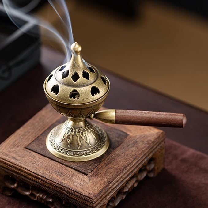 Handheld Incense Burner with 360° Rotating Handle-Chinese Bronze Style Holder for Incense Coils, Yoga Meditation, Home Office Desk Decor