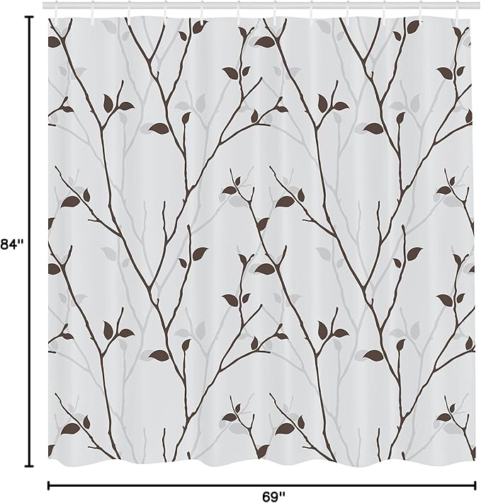 Ambesonne Leaf Shower Curtain, Branches in The Fall Trees Stem Twig with Last Few Leaves Minimalistic Design Art, Cloth Fabric Bathroom Decor Set with Hooks, 69" W x 84" L, Grey Brown