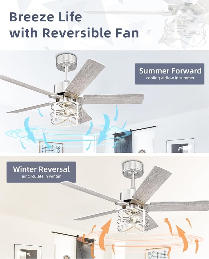 YOUKAIN 42 Inch Ceiling Fans, Farmhouse Ceiling Fans with Lights and Remote, 5-Reversible Blades with Gray Oak/Brushed Nickel Finish, 42-YJ632-BNW