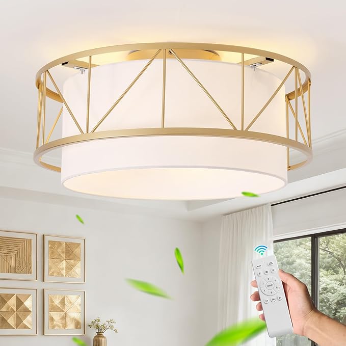 Boho Ceiling Fan with Light Flush Mount,20" Gold Caged Ceiling Fans with Lights Remote Control, Low Profile Boho Fandelier with 6 Speeds for Bedroom,Nursery,Living Room