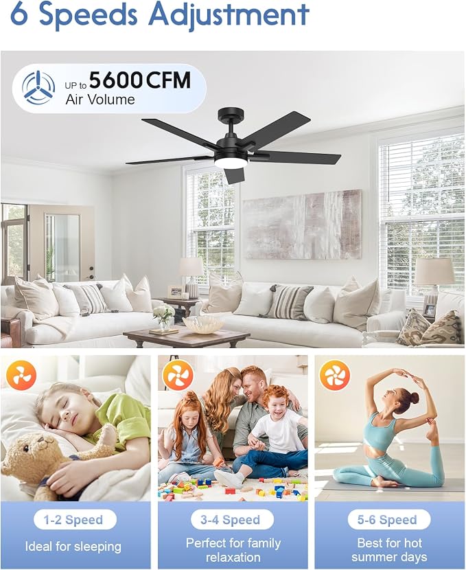 52 Inch Smart Ceiling Fans with Lights, Compatible with Alexa/Remote/APP, Downrod Mount, Reversible DC Motor, High CFM, 5 Blades, 6 Speeds, 3CCT, Dimmable, for Bedroom, Living Room, Black