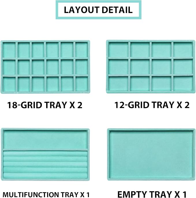Frebeauty Jewelry Trays for Drawer,Set of 6 Jewelry Organizer and Storage | Velvet Material,Earring Holder Organizer,Stackable Jewelry Display for Vanity,Drawer Inserts for Rings,Studs,8.3×4.9 inch