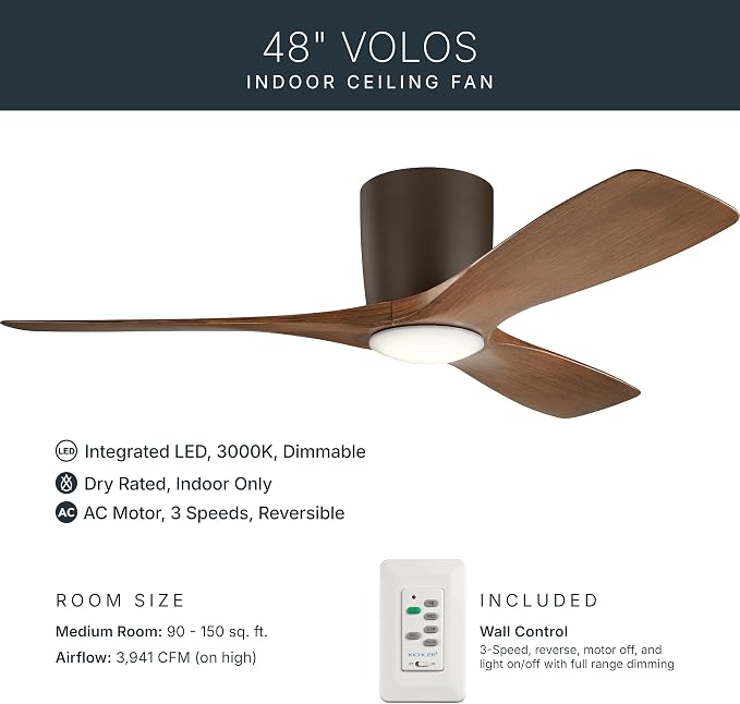 Kichler Volos 48” Indoor Ceiling Fan with LED Light and Wall Control in Satin Natural Bronze, Contemporary Ceiling Fan with Light, 300032SNB