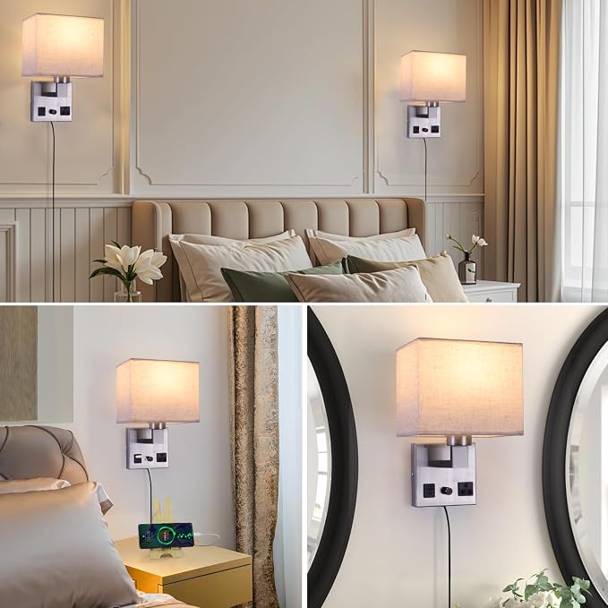 Bedside Wall Lamp for Bedroom, Plug in Wall Sconce - Dimmable Switch with AC Outlet & USB Charging Port, Fabric Shade, Black Wall Mounted Light for Living Room, Hotel (Satin Nickel)
