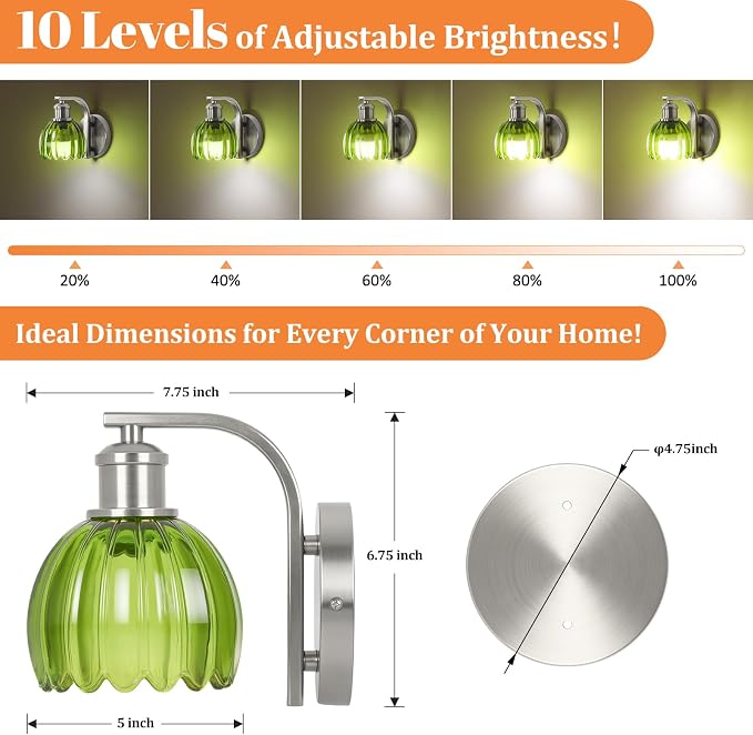VerRon Rechargeable Battery Operated Wall Sconce with Green Glass Lampshade, Wireless Wall Scone Decor with Remote Control, 15 Colors Brushed Nickle Wall Light for Bedside Hallway Bedroom Doorway