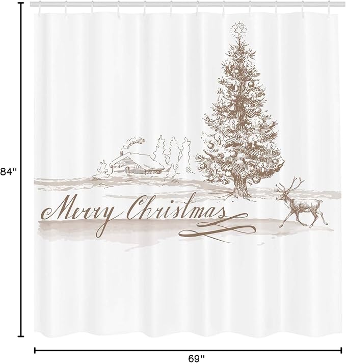 Ambesonne Christmas Shower Curtain, Romantic Vintage New Year Scenery with Reindeer Tree and Star Design Image, Cloth Fabric Bathroom Decor Set with Hooks, 69" W x 84" L, Brown