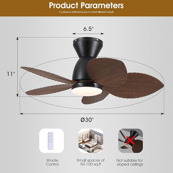 Kviflon Tropical Ceiling Fans with Lights and Remote Control, 30 Inch Low Profile Flush Mount Ceiling Fans, Palm Leaf Ceiling Fan with Light for Small Room Indoor Outdoor, Brown