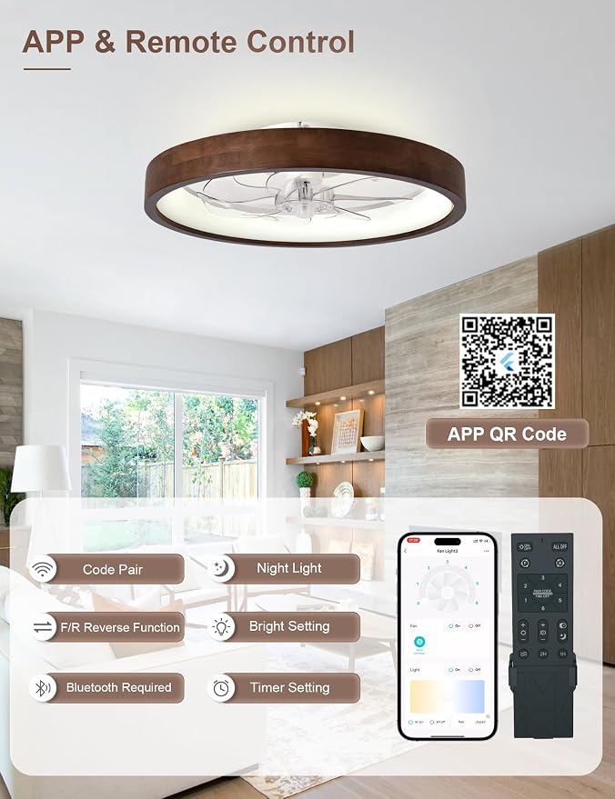 20'' Fandelier Ceiling Fan with Light, Low Profile Flush Mount Wood Ceiling Fan, APP & Remote Control, Dimmable & 6 Speeds