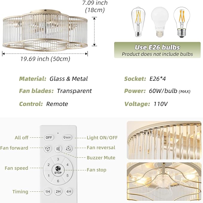20" Gold Crystal Ceiling Fan with Light, Crystal Flush Mount Ceiling Fan with Light Remote Control, Caged Enclosed with 6 Speeds for Bedroom, Living Room, Foyer, Nursery (Clear)