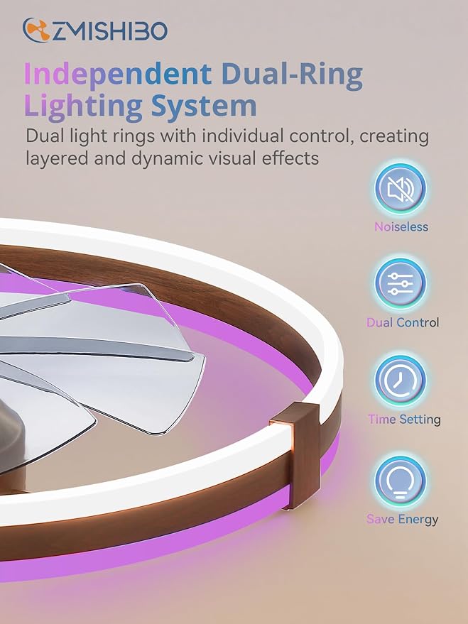 ZMISHIBO RGB Ceiling Fans with Lights and Remote, 23 inch Low Profile Ceiling Fan with Light, 3000K-6000K Dimmable & RGB, Modern Fandelier Flush Mount Ceiling Fan, Small LED Fan for Bedroom,Walnut