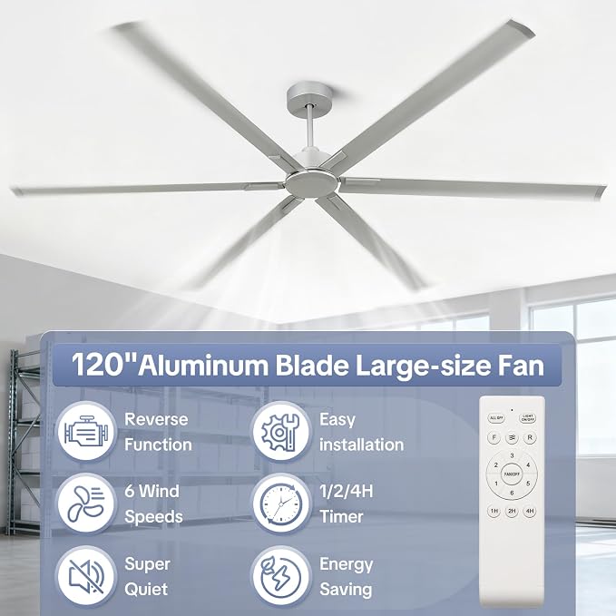 120 Inch HVLS Industrial Ceiling Fan No Lights, Extra Large Commercial Ceiling Fan with Aluminum Blades, Reversible DC Motor, Remote Control, Big Assed Heavy Duty for Shop Warehouse Gym Garage