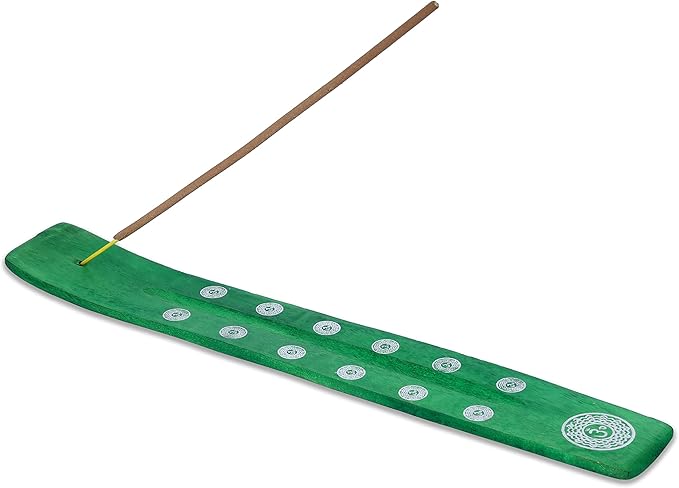 Bless-International Traditional-Handmade-Burner Wooden-Incense-Stick-Holder Ash-Catcher-Stand for-Aromatherapy-Meditation-Yoga (Earth Green) 10 Inches, Pack of 1