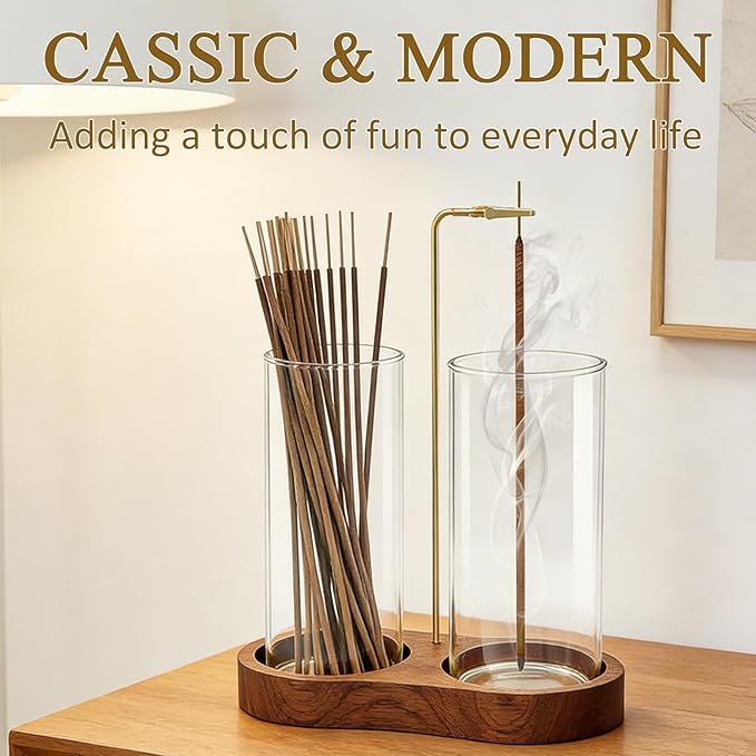 Ceremony Incense Holder, 2 in 1 Wooden Incense Holder for Sticks, Anti-ash Incense Burner with Glass Ash Catcher for Meditation Yoga Spa Room Decor