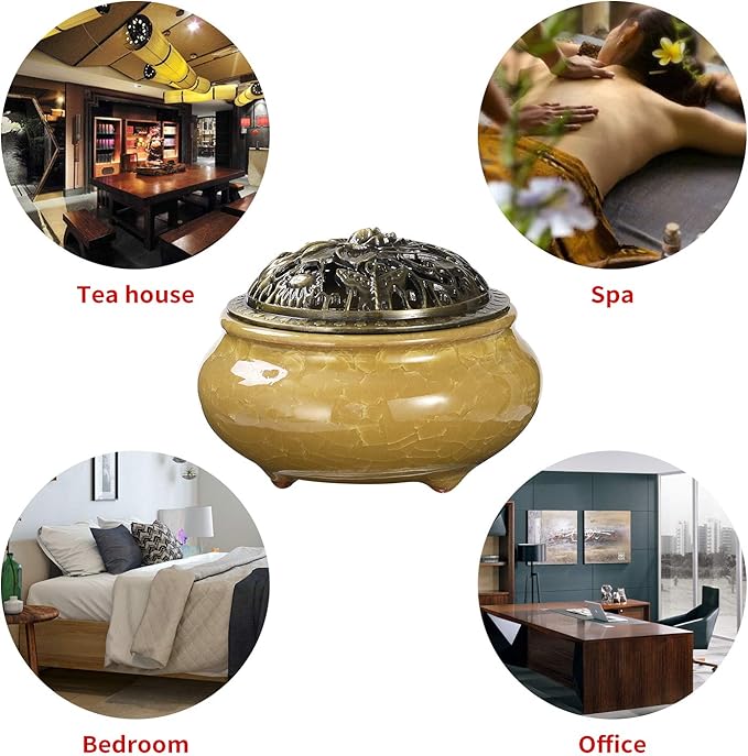 Miupoo Incense Burner and Cone Incense Holder with Brass Incense Stick Holder Ceramic Ash Catcher,Yellow