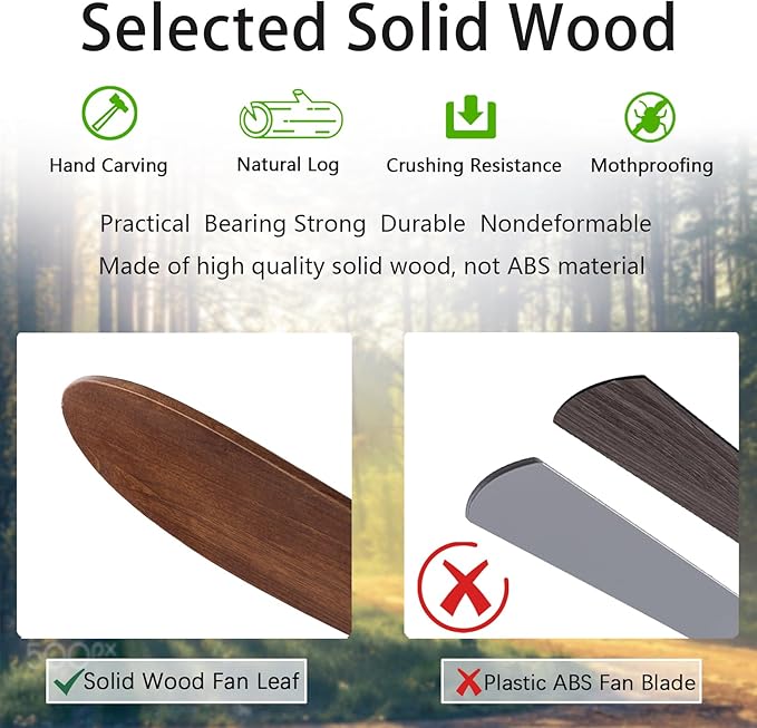 52-inch silent ceiling fan light with remote control, 3CCT, walnut finish. | 3CCT, mobile app, full memory function, for use in living rooms, dining rooms, bedrooms, offices, balconies, and outdoors.