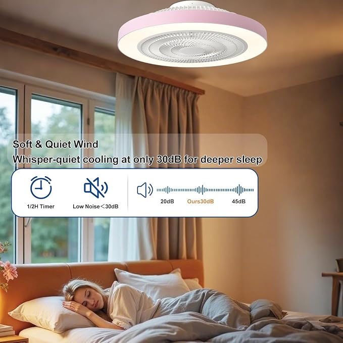 Depuley Bedroom Ceiling Fan with Light: 19" Modern LED Flush Mount Low Profile Ceiling Fans with Remote & Smart APP Control - Pink Enclosed Bladeless Fandelier Dimmable Quiet DC Motor for Kids Room