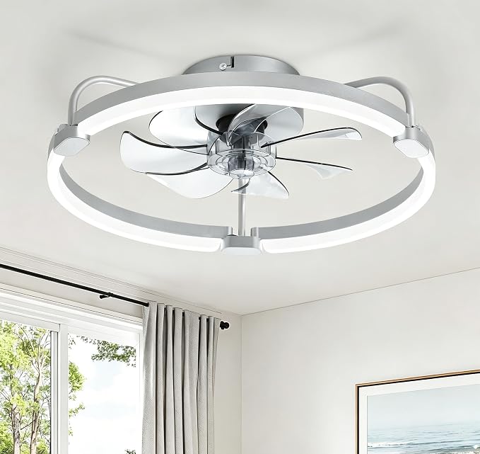LEDIARY Ceiling Fans with Lights and Remote, 20'' Low Profile Ceiling Fan with Light, 3000-6000K Dimmable Fandelier LED Fan Light, 6 Wind Speeds, Grey Modern Flush Mount Ceiling Fan for Bedroom