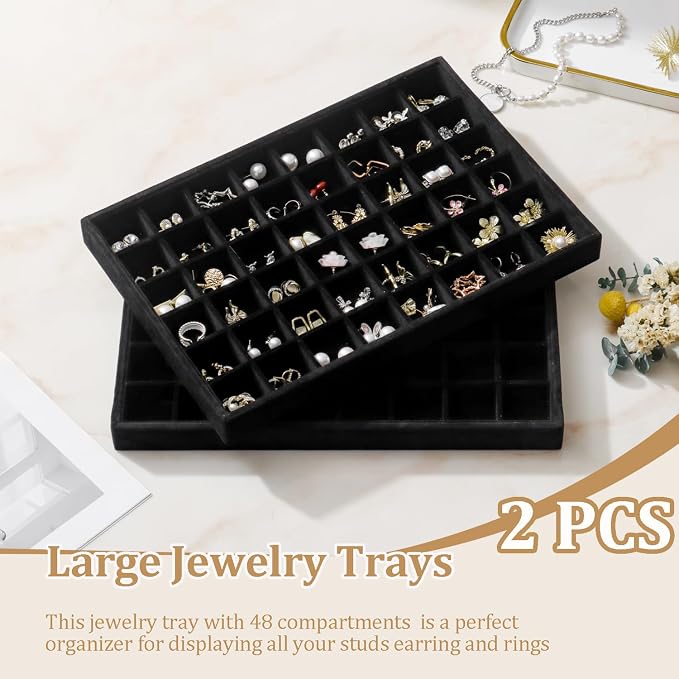 Large Velvet Jewelry Tray Display Drawer Inserts 2 Pack | Stackable Jewelry Organizer for Earring Bracelet Necklace Ring (Black, 48 Grids)
