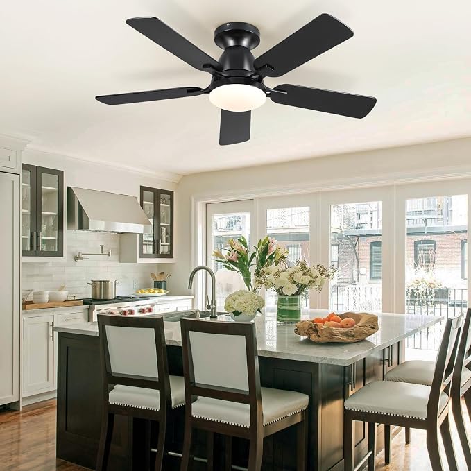 46 Inch Ceiling Fans with Lights and Remote, Flush Mount, Black | Low Profile, Dimmable LED, Reversible, Quiet DC Motor, Wooden Blades, for Modern Apartment Bedroom Home Office Living Room
