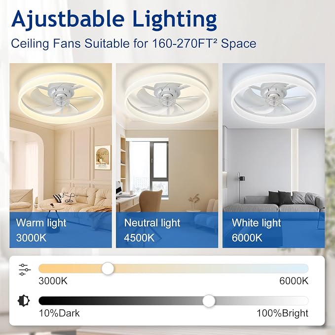 DLLT Low Profile Ceiling Fan: 20" Modern Flush Mount Ceiling Fans with Lights for Bedroom - White LED Bladeless Fandelier with APP Remote Control 3000K-6500K Quiet DC Motor for Kids Room Kitchen Loft