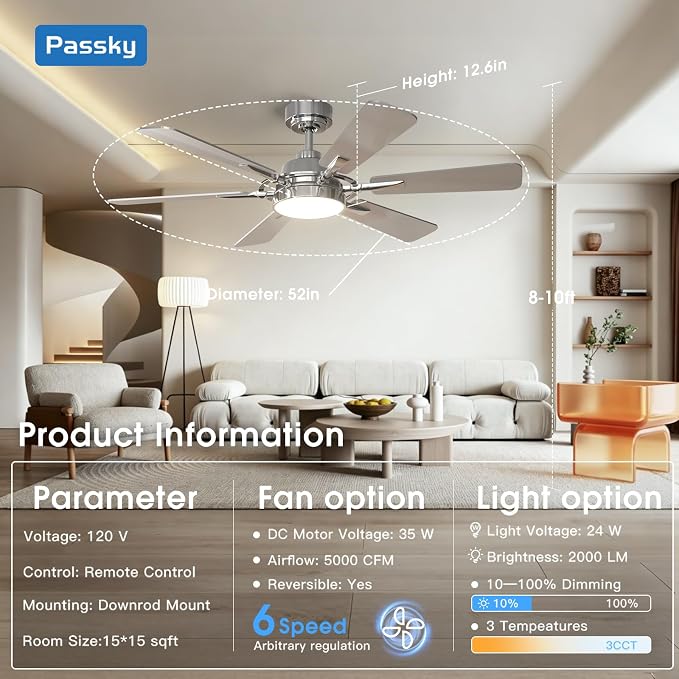 Passky Ceiling Fans with Lights, 52 inch Nickel Ceiling Fan with Light and Remote Control, Reversible, Dimmable, 3CCT, Quiet, Ceiling Fan for Bedroom, Living Room, Indoor/Outdoor Use