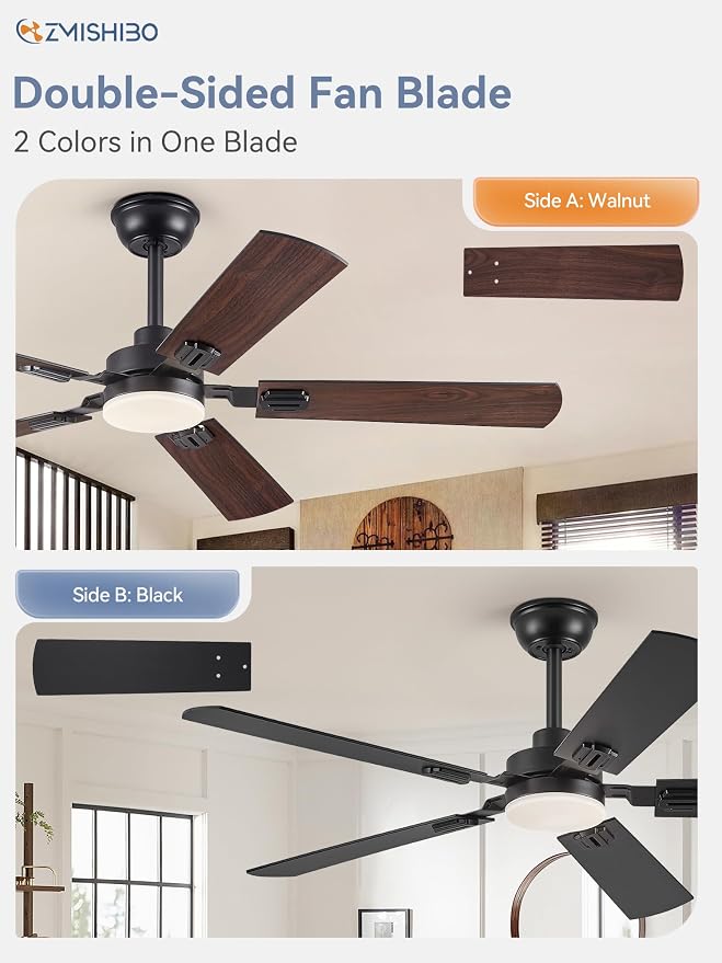 ZMISHIBO 52" Ceiling Fans with Lights, Black Modern Ceiling Fan with Remote & App Control, Farmhouse Indoor Ceiling Fan with Dual Finish Blades, Quiet & Strong Motor, 24W Dimmable Bright LED Light