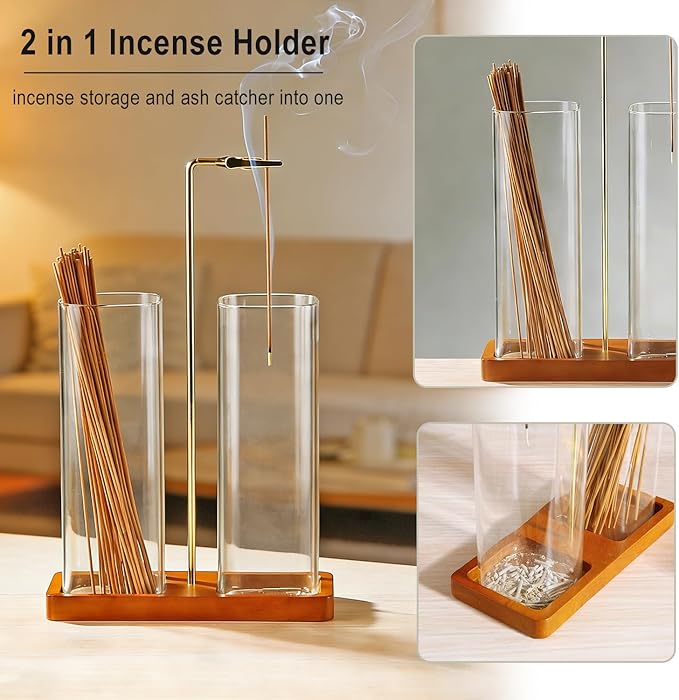 2 in 1 Incense Holder, Upside Down Glass Incense Holder for Sticks, Anti-Ash Incense Burner with Ash Catcher & Incense Storage for Meditation Yoga Spa Home Decor (Square)