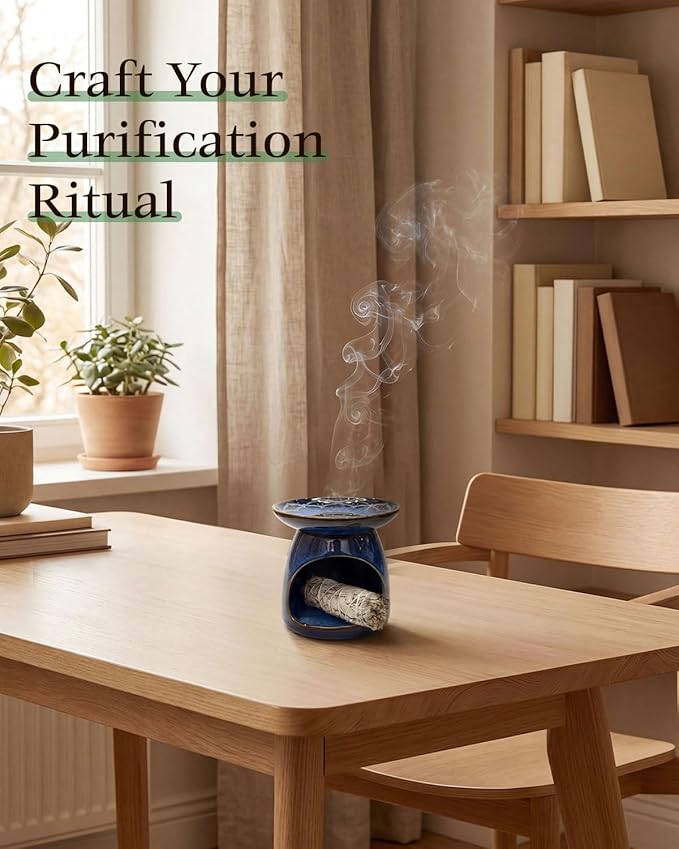 Palo Santo Holder Incense Burner for Sage, Ceramic Incense Holder for Sticks & Cones, 3-in-1 Chimney Burner with Detachable Lotus Stick Tray, Meditation Home Decor Gift