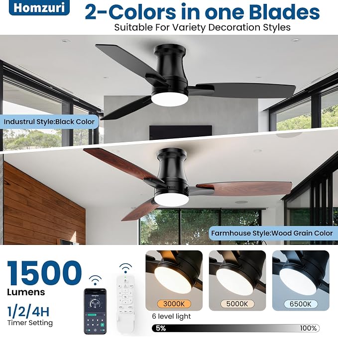48 Inch Flush Mount Ceiling Fan with Light, Reversible Quiet DC Motor, Dimmable LED & 3CCT, 6 Speeds, Remote & APP Control, Black Modern for Bedroom Living Room