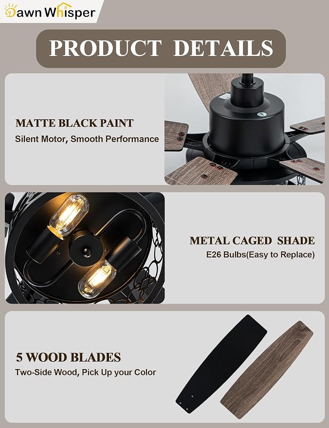 Dawn Whisper 52 Inch Farmhouse Ceiling Fans with Lights and Remote Quiet and Reversible DC Motor Black Industrial Rustic Caged Ceiling Fan for Bedroom Living Room Covered Patio (12-Black)