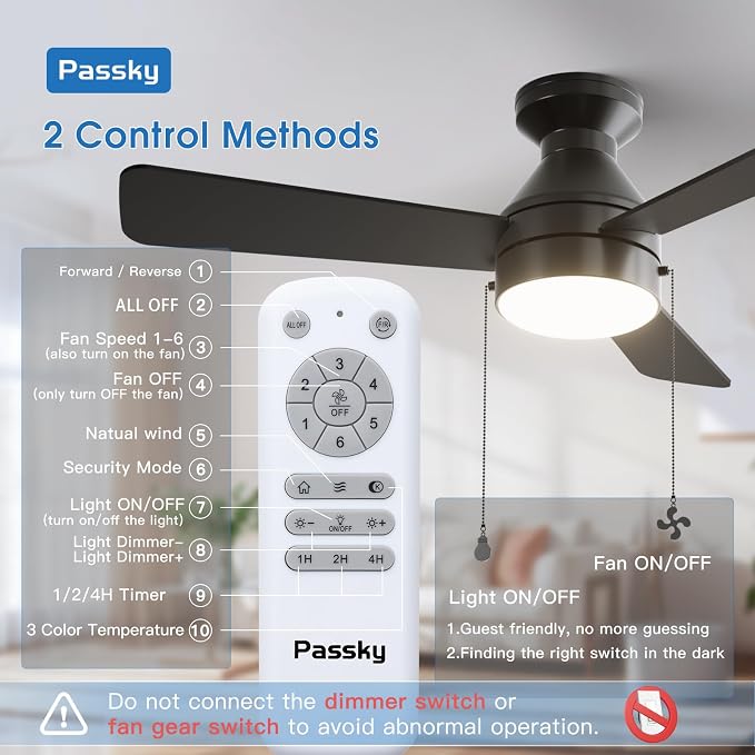 Passky Ceiling Fans with Lights, 42 inch Low Profile Ceiling Fan with Pull Chain and Remote Control, Flush Mount, Reversible, 5CCT, Dimmable, Noiseless, Black Pull Cord Ceiling Fan for Bedroom
