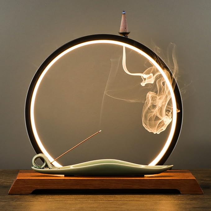 DOBEHOME Backflow Incense Burner with LED Light Ring, Ceramic, Waterfall Design, Includes 1 Tweezer and 30 Incense Sticks for Home, Office, Decor, Yoga, Aromatherapy