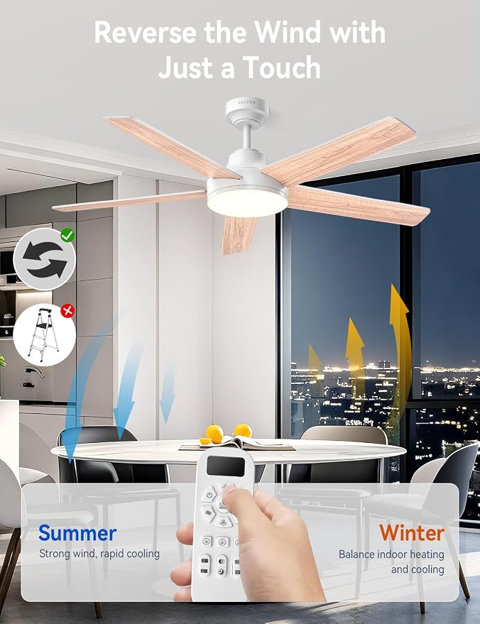AKOFUN Ceiling Fans with Lights and Remote, Low Profile Ceiling Fan with Light, 6 Speed, Dimmable, DC Motor, Quiet, Timer, Modern LED Ceiling Fan for Bedroom Living Room 52 inch, White