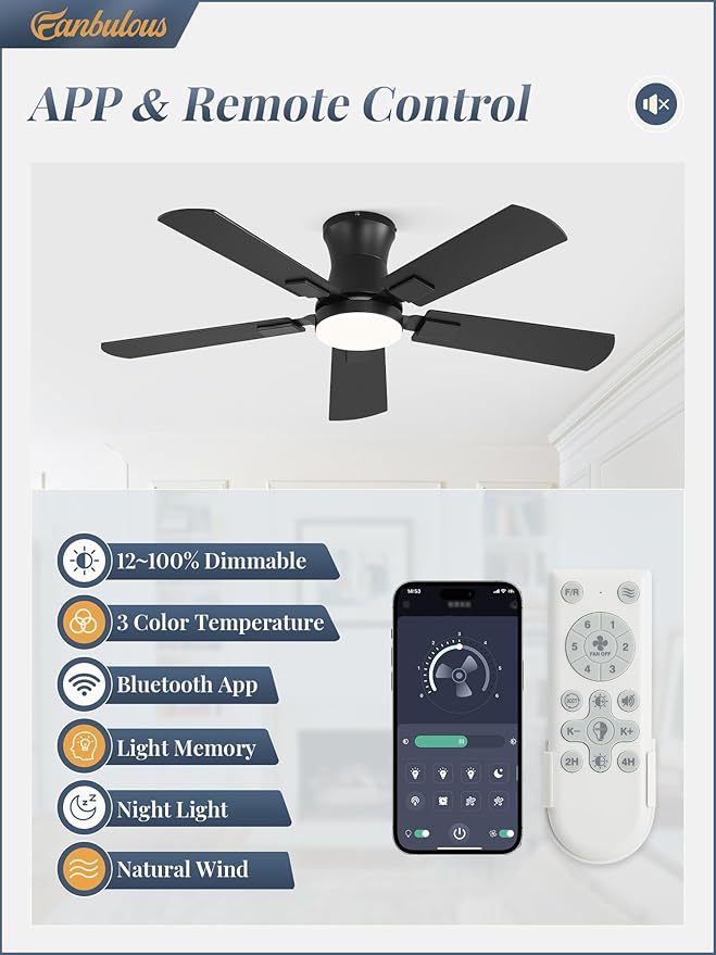 Fanbulous 42 inch ceiling fan with light, Low Profile Ceiling Fan with Light, App&Remote Control, Dimmable LED Light, Flush Mount Ceiling Fan for Indoor Bedroom Living Room, Qiuet DC Motor
