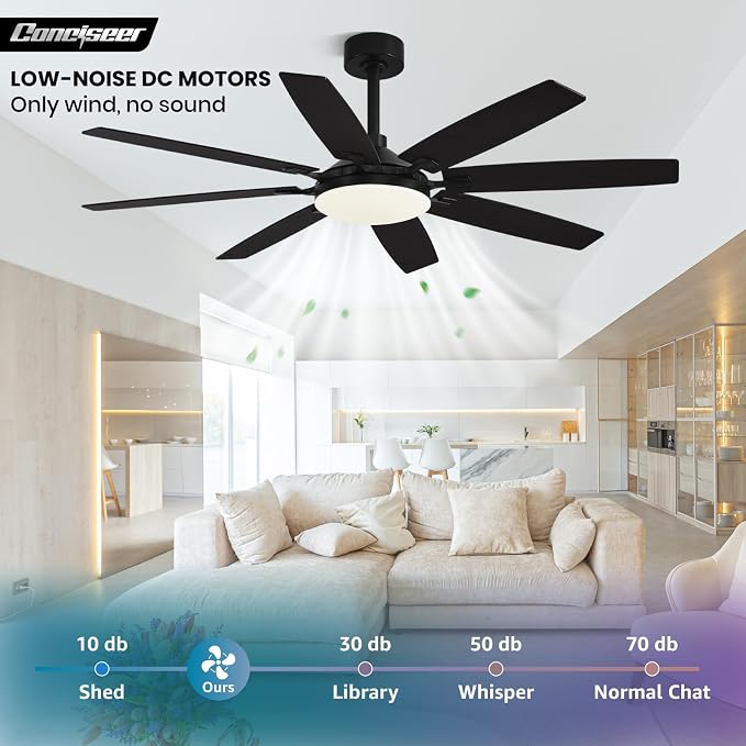Conciseer Modern 65 Inch Ceiling Fans with Lights and Remote for Living Room Home Office Indoor/Outdoor,3CCT LED 36W, Dual Color 8 Blades 6 Speed Reversible Quiet DC Motor, Black/Wood Grain
