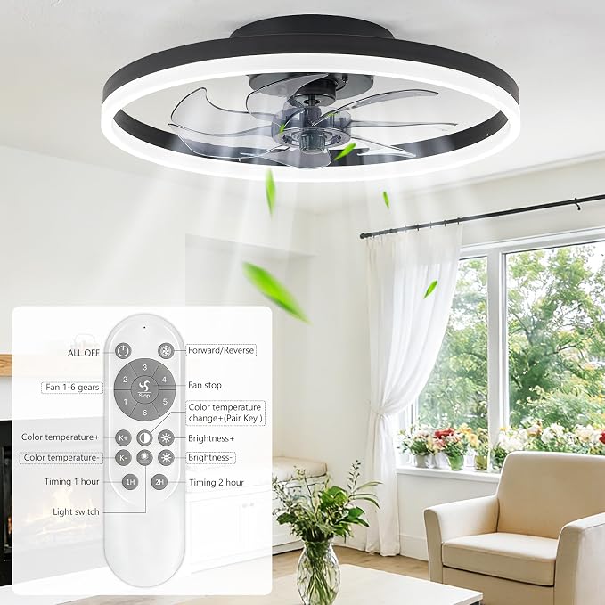 20" Low Profile Ceiling Fans with Lights and Remote & APP, Dimmable 3000-6500K LED Fandelier Ceiling Fan with Light, Modern Flush Mount Ceiling Fan Light for Living Room, Bedroom and Kitchen