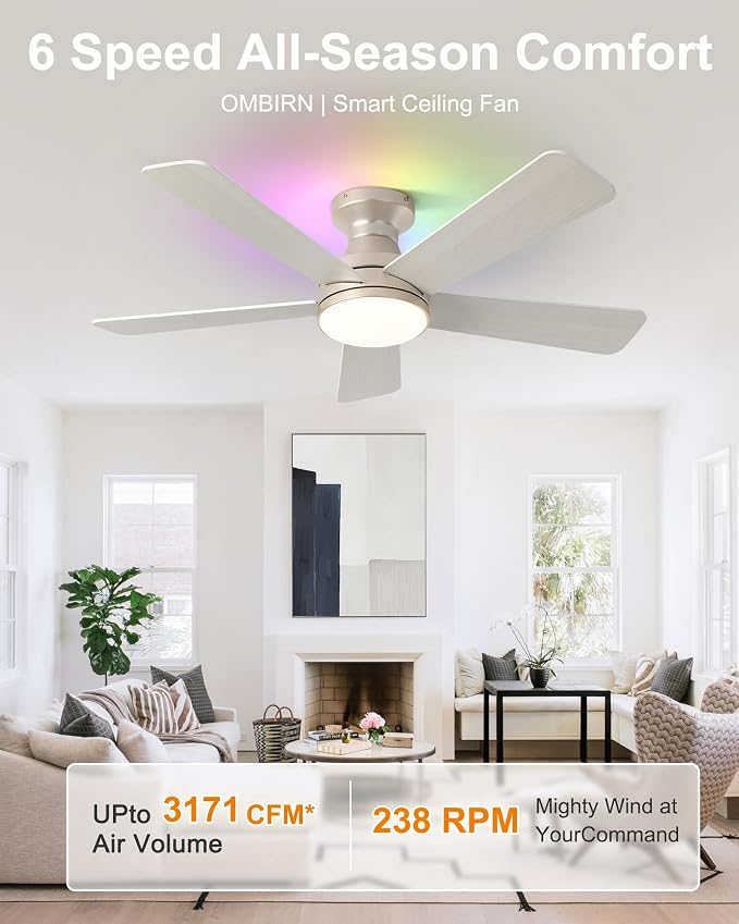 42 Inch Ceiling Fans with Lights, Smart Ceiling Fan with Alexa Google App, Gold Ceiling Fan with RGB Lights Remote, 6 Speeds Reversible DC Motor, Modern Flush Mount for Bedroom Living Room